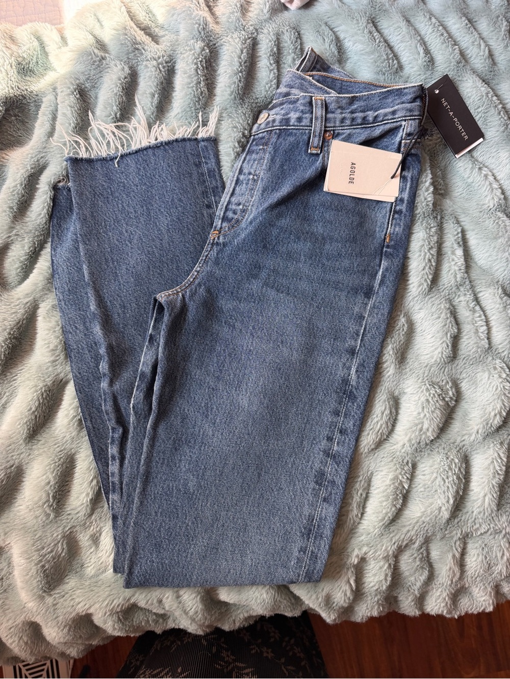 NWT Agolde Criss Cross Straight Leg Jeans with Raw Fringe Hem